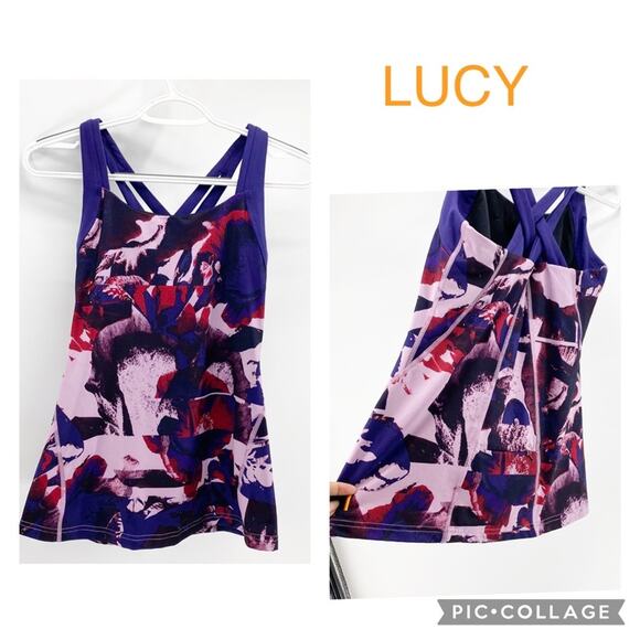 Lucy purple pink back zip pocket double crisscross back strap shelf bra workout - Picture 1 of 10